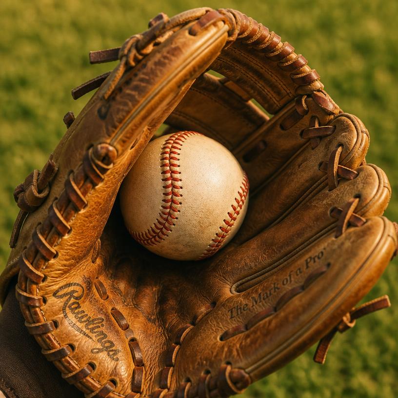 Baseball resting in a leather glove