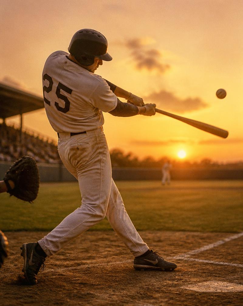 Baseball player swinging at sunset