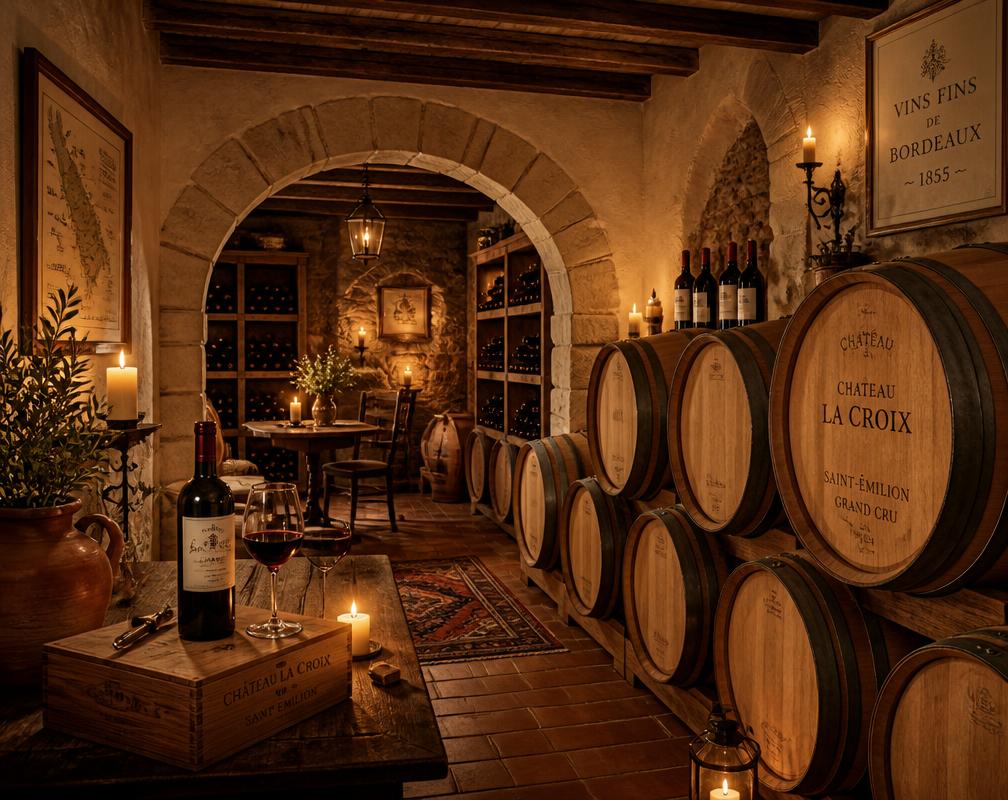 A rustic wine cellar with barrels and bottles
